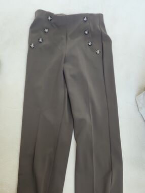 Express Taupe High-Waist Straight-Leg Pants with Decorative Buttons